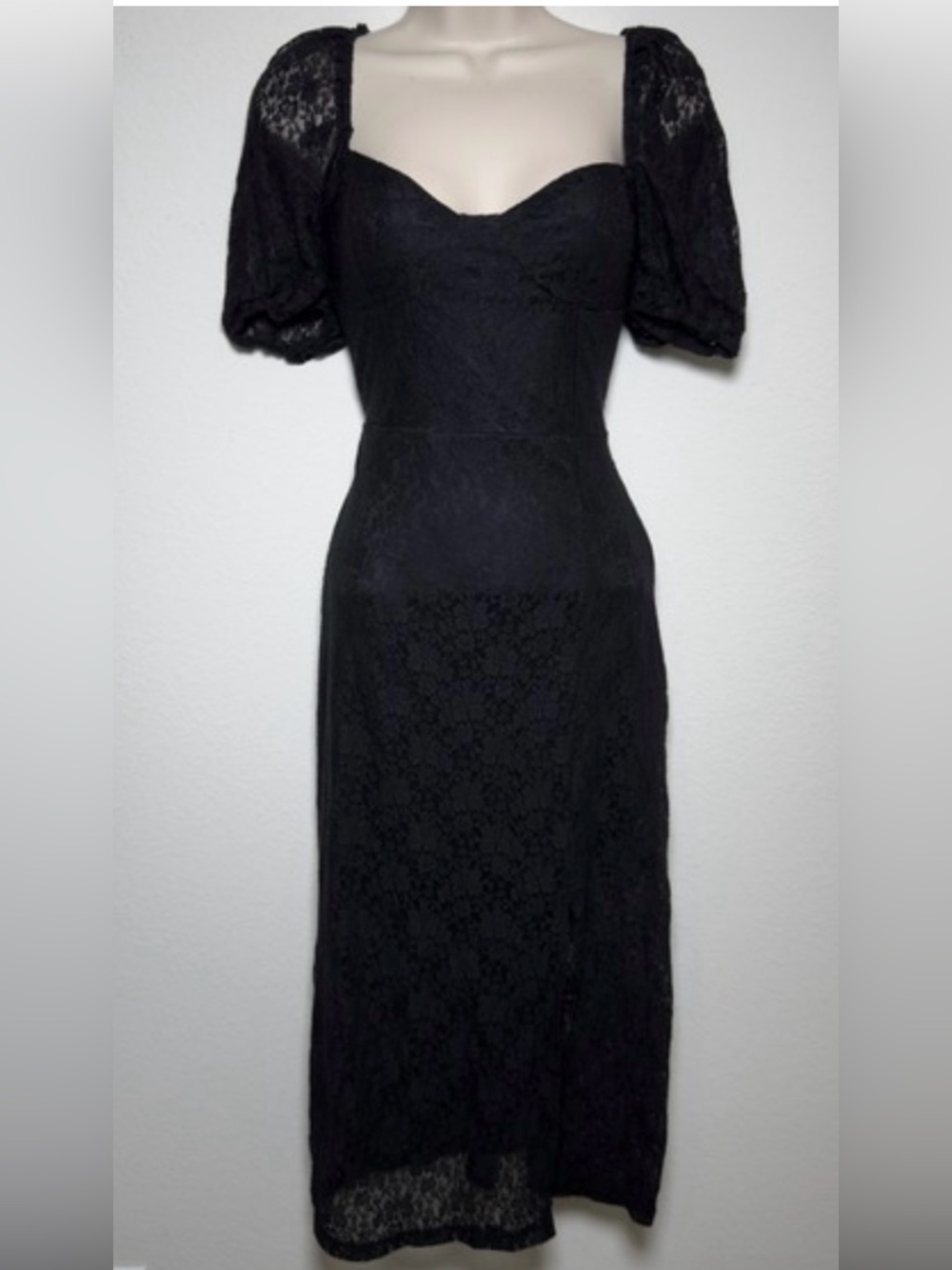 H&M Divided Black Lace Midi Dress Puff Sleeve Side Slit Size L NWT